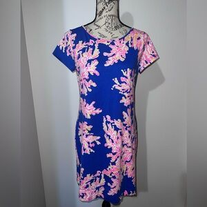 Lilly Pulitzer Pima Cotton T-Shirt Dress Coral Reef Print Blue Pink Small